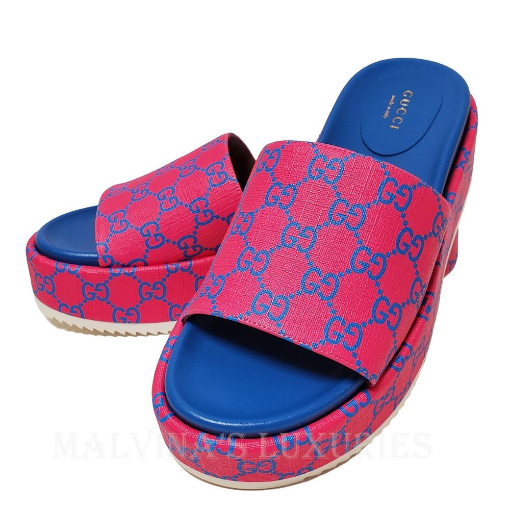 GUCCI SHOES GG SUPREME CANVAS JOY FUCHSIA PLATFORM SLIDE - Picture 3 of 15